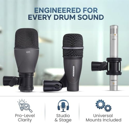 Samson DK707 7-Piece Drum Microphone Kit Bundle with 7 Premium 10-Foot XLR Cables, Swivel Mic Adapters, Rim Clips, Hardshell Carrying Case, and Microfiber Instrument Care Cloth