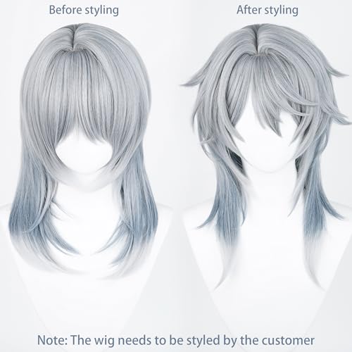 Anime Gray Blue Wig Fantasy Western Priest, Angel Style Halloween | Men Long Straight Wig Layered Haircut Christmas,Comic con Heat Resistant Fiber Wig Breathable Rose Mesh Inner Free Cap - color: Gray