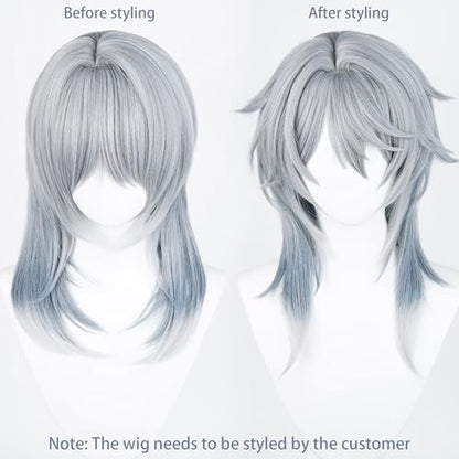 Anime Gray Blue Wig Fantasy Western Priest, Angel Style Halloween | Men Long Straight Wig Layered Haircut Christmas,Comic con Heat Resistant Fiber Wig Breathable Rose Mesh Inner Free Cap - color: Gray