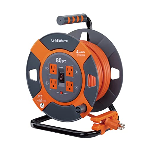 Link2Home 80 Ft. Extension Cord Reel, 4 Power Outlets, 14 AWG SJTW | Heavy-duty cable, high-visibility jacket, ideal for job sites and garages - size: 80 feet