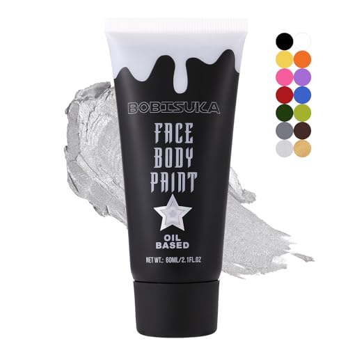 BOBISUKA Silver Face Body Paint, Metallic Oil-based Painting Kit, Cream Blendable Facepaint for Halloween Cosplay, Costume, Parties, Stage, Theater, SFX Special Effect Makeup（2.1 Fl.oz） - color: Silver