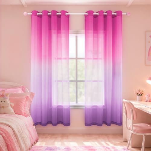 Hot Pink Curtains 2 Panels,Cute Curtains for Teen Girls Bedroom Aesthetic - color: Pink and Purple, size: 52"W x 63"L (Pack of 2)