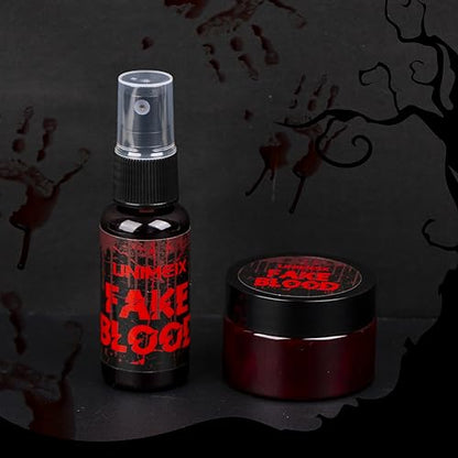 UNIMEIX 1 OZ Fake Blood Spray and 1 OZ Gel Fake Blood Makeup Kit Washable Sfx Makeup for Clothes Mouth Eyes，Stage Blood for Halloween Zombie Vampire Cosplay Party