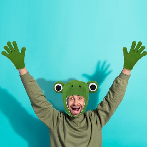 Zoooyawn 3 Pcs Frog Costume Accessory Set Cute Plush Green Frog Hood Gloves and Hat for Adult Outfit Cosplay Party Decoration Supplies
