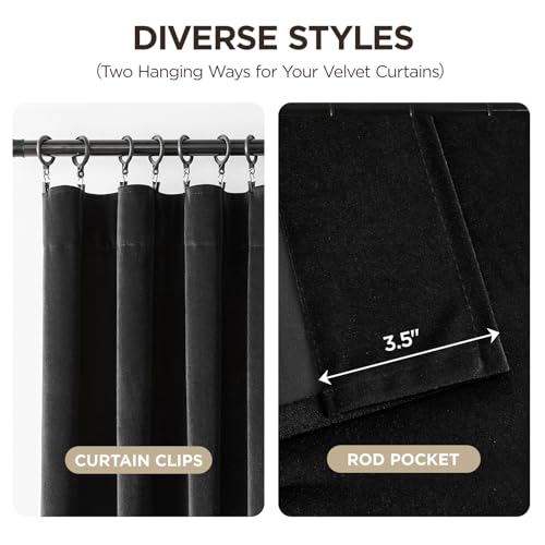 Joydeco Black Velvet Curtains 90 inch Length 2 Panels, Luxury Blackout Rod Pocket Thermal Insulated Window Curtains, Super Soft Room Darkening Drapes for Living Dining Room Bedroom,W52 x L90 inches - color: Rod Pocket | Black, size: 52"W x 90"L (Pack of 2