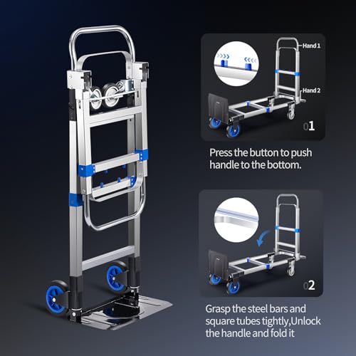 Leomru Pro 2 in 1 Aluminium Hand Truck Dolly 660lbs Capacity, Heavy Duty Convertible Hand Truck W/Pneumatic Wheels, Foldable Dolly Cart Collapsible Trolley for Moving with Retractable Handle