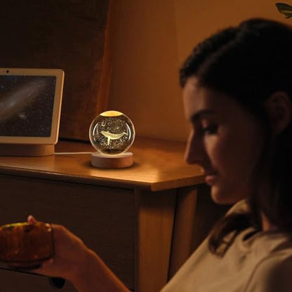 Flexzion 3D Whale Crystal Ball Night Light - LED Light Hologram Glass Lamp with Solid Wood Base, USB Powered Crystal Ball Lamp with Adjustable Brightness for Home Decor Display Gift, 2.4inch(60mm) | Whale Lamp with Solid Beech Wood Base and Adjustable Bri