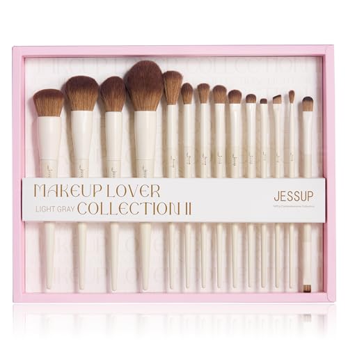 Jessup Makeup Brushes 14Pcs Makeup Brush Set Premium Synthetic Powder Foundation Contour Blush Concealer Eye Shadow Blending Liner Make Up Brush Kit Light Grey with Gift Box, T329-G - color: Light Grey-14pcs Gift, size: Full Brush Set