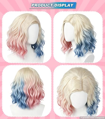 Pink Blue Ombre Blonde Bob Wig, Short Wavy Cosplay Wig for Women | Shoulder-length synthetic wig with pink blue highlights for Halloween cosplay, costume parties, anime events, and dress-up - color: Pink Blue