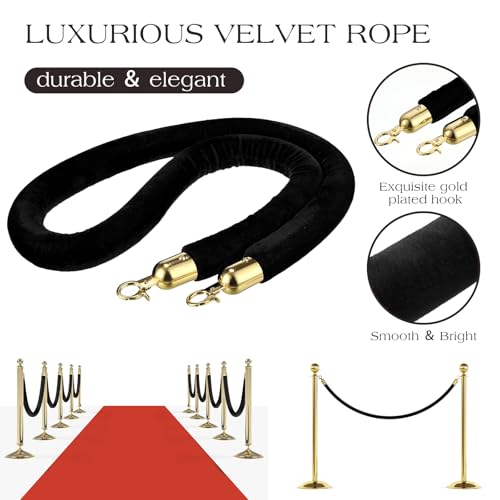 Nuogo 6 Pack Black Velvet Stanchion Rope, 5 Feet Velvet Rope with Gold Hook | Safety Rope Off Barrier, Crowd Control, 1.2 IN in Diameter,Event Weddings Graduation Theaters Grand Opening Hotel - color: Black