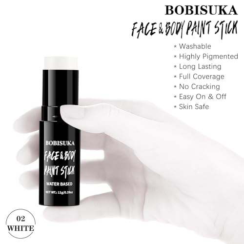 BOBISUKA White Face & Body Paint Stick Washable Water-Based Face Paint Makeup Stick for Halloween Clown, Joker, Zombie, Mime, Skeleton, Skull, Cosplay, SFX, Sports Eye Black & Costume Party - color: White