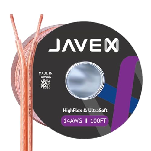 JAVEX Speaker Wire 14 Gauge 100FT Oxygen-Free Copper Audio Cable | 14AWG 2 Conductors HighFlex Cable for Automotive Stereo, Home Theater, In-wall and Commercial Sound System, Audio Cable DIY - size: 100FT, style: 14AWG, Flat-Square