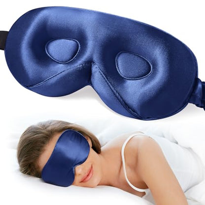 LitBear 100% 22 Momme Mulberry Silk Sleep Mask - 3D Contoured, Deep Blue | Pure Silk, Eyelash-Friendly, Soft, Breathable, Perfect Blocks Light, Tangle-Free Adjustable Strap, Travel Pouch - color: Midnight Blue