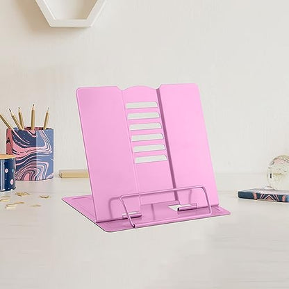 MSDADA Small Desk Book Stand Metal Reading Rest Book Holder | Adjustable Cookbook Documents Holder Portable Sturdy Bookstands for Recipes Textbooks Tablet Music Books(Pink） - color: Pink