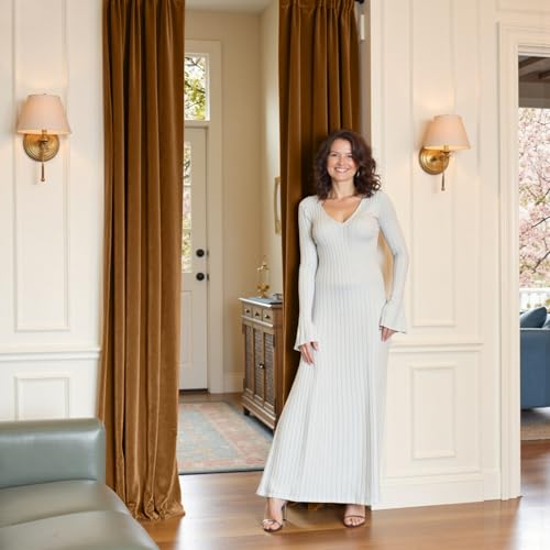Lazzzy Extra Long Golden Brown Velvet Curtains 52×108 Inch 2 Panels | Soft Velvet, For Tall Windows & High Ceilings, Light Shifting Texture, Elegant Luxury Drape, Rich, Rod Pocket - color: R | Gold Brown, size: 52"W x 108"L (Pack of 2)