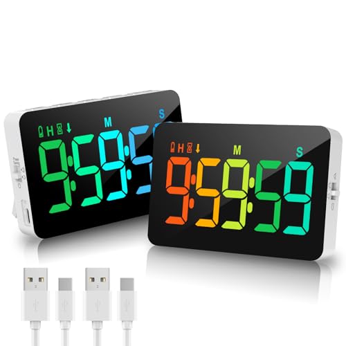 Samshow Rechargeable Digital Kitchen Timer, 2 Packs, Color Change | 10 Dynamic RGB Color, Countdown/Up, 3 Brightness 4 Volume Adjustable, Magnetic, 5" LED Display, For Classroom/Home/Classroom - color: Rgb