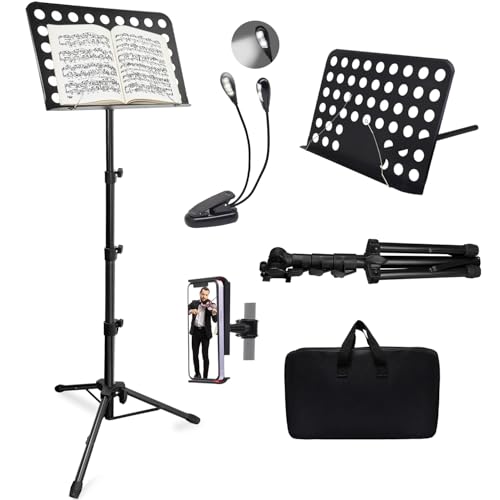 70" Sheet Music Stand with Light & Phone Holder, Portable Music Stand for Sheet Music High Stability, Height Adjustable Music Sheet Stand with Carrying Bag, Music Book Holder（33-70inch - size: 33-70inch