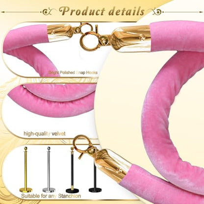 2PCS Pink Velvet Stanchion Rope 5 Ft Crowd Control Ropes Barrier with Gold Hooks for Party - color: Pink&gold, size: 2PCS