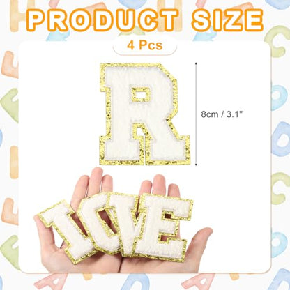 MECCANIXITY Chenille Letter Patches 3.1" Alphabet R Iron on Embroidered Patch Sew on Letter Stickers Applique for Repairing Clothing Jeans Shoes Hats DIY(White, Pack of 4) - style: Letter-R