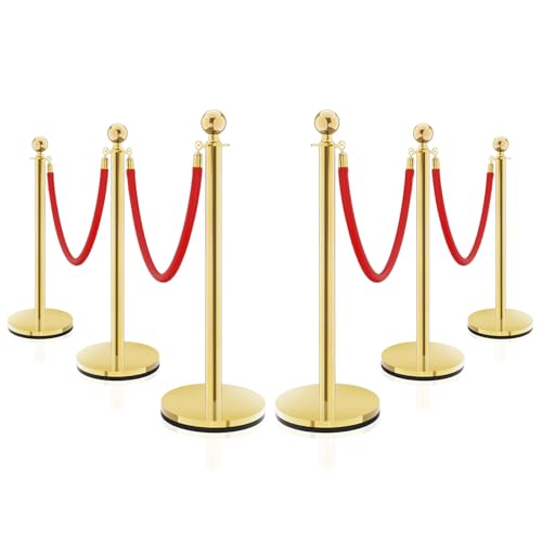 Gold Stainless Steel Stanchions Rope - Crowd Control Barriers with Red Carpet Safety Barrier, Velvet Ropes and Posts & Retractable Belts for Party Theater Weddings, Museums - 6 Pcs - color: Gold, size: 6Pcs