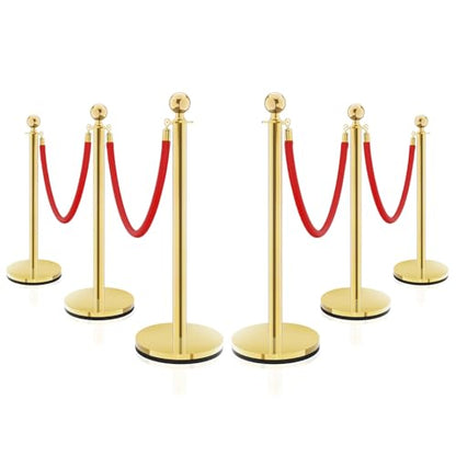 Gold Stainless Steel Stanchions Rope - Crowd Control Barriers with Red Carpet Safety Barrier, Velvet Ropes and Posts & Retractable Belts for Party Theater Weddings, Museums - 6 Pcs - color: Gold, size: 6Pcs