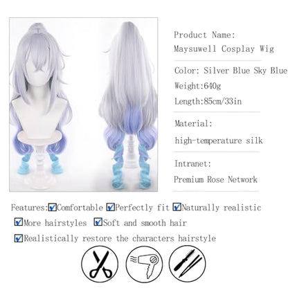 Lv999 Silver Wolf Grey Gradient Sky Blue Lake Blue Women Long Curly Hair,Split Tiger Clip Anime Game Halloween Party Costume with Free Hairnet - color: Grey Gradient Sky Blue