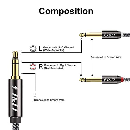 J&D 1/8 to 1/4 Stereo Cable, 3.5mm TRS to Dual 6.35mm TS Breakout Cable Y Splitter Cord for Amplifiers/Audio Mixer/Audio Recorder/MP3/MP4, Nylon Braid, Gold Plated Copper Shell, 2 Feet - size: 2 Feet