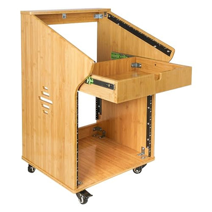Sound Town DIY Solid Carbonized Bamboo Recording Studio Rack with 11U Slant Mixer Top, 10U Front, 2U Drawer, Rubber Feet, Casters, for Recording Room, PA/DJ Equipment, Home-Audio (STBR-M11X10) - size: 10U w/ Mixer Top, 2U Drawer