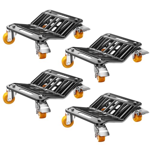 KYX Car Dolly Set of 4, 6000 LBS Wheel Dolly, Heavy Duty Vehicle Dollies, V-Shaped Structure with 360-Degree Ball-Bearing Casters & Double Brakes for Moving Cars, Motorcycle and SUVs