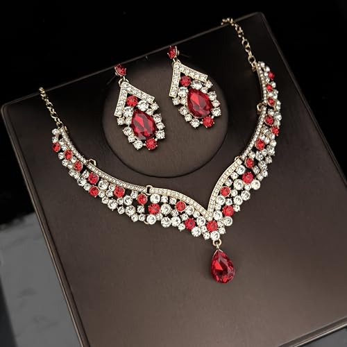 Tiaras Crowns for Women,Wedding Jewelry Set, Tiaras Necklace Earrings Crystal Bridal Wedding Jewelry Sets for Brides Bridesmaid Prom Costume Accessories - color: Gold Red