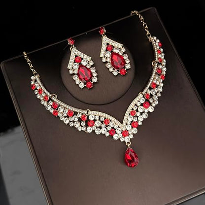 Tiaras Crowns for Women,Wedding Jewelry Set, Tiaras Necklace Earrings Crystal Bridal Wedding Jewelry Sets for Brides Bridesmaid Prom Costume Accessories - color: Gold Red