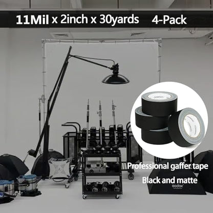 COSIMIXO 4-Pack Black Gaffers Tape 30 Yards x 2 Inch - Waterproof, No Residue, Non-Reflective, Easy Tear, Matte Gaffer Stage Tape - Gaff Cloth Tape for Photography, Filming Backdrop
