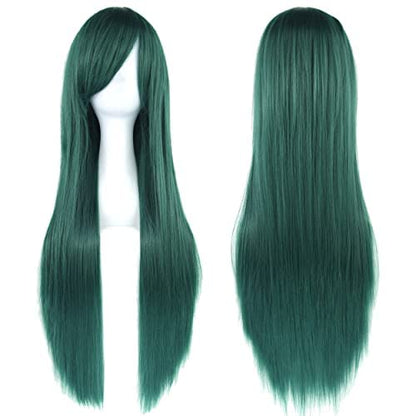 80cm Long Straight Natural Hair Cosplay Wigs with Bangs Colorful Halloween Costume Party Wig for Women (Dark Green) - color: Dark Green