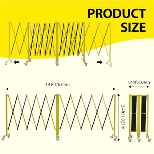 Garvee 19.8 ft Industrial Expandable Metal Barricade, Rotatable & Portable Safety Barrier with a Warning Board and Casters, Retractable Traffic Fence Mobile Safety Barrier Gate Yellow Black - size: 19.8FT