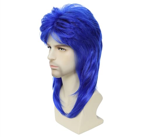 Unisex Mullet Wig, Synthetic Heat Resistant 70s 80s Retro Joe Dirt Costume Wig for Men and Women, Halloween Fancy Dress Cosplay Wig (Blue) - color: Blue
