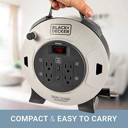 BLACK+DECKER 25 Ft. Retractable Extension Cord Reel, 4 Outlets, 2 USB Ports | 16 AWG SJT cable, multi-plug design, on/off switch, heavy-duty construction - size: 25 ft
