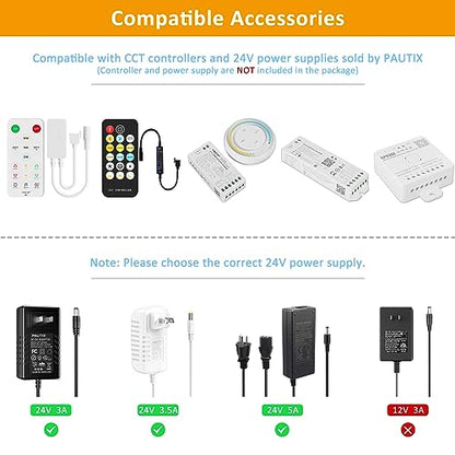 PAUTIX COB LED Strip Light White CCT Tunable 3200LEDs,CRI90+ 16.4ft/5m Dimmable 2700K-6500K 24V LED Tape Light,for Under Cabinet Bedroom Kitchen TV Mirror DIY Lighting(Adapter & Dimmer NOT Included) - size: 16.4ft(Strip ONLY)