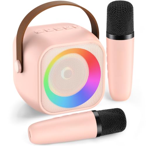 Mini Karaoke Machine,Portable Bluetooth Speaker with 2 Wireless Microphones - color: P-ink