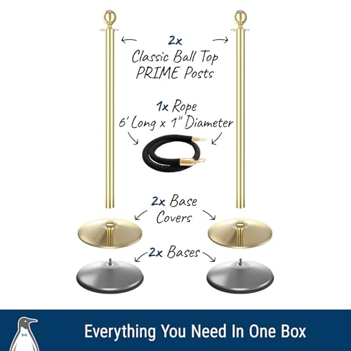 2 Post Polished Brass Urn Top Stanchion Kit, 1 Black 6' Rope - color: Polished Brass Ball Top / Black Rope, size: 3 Pieces