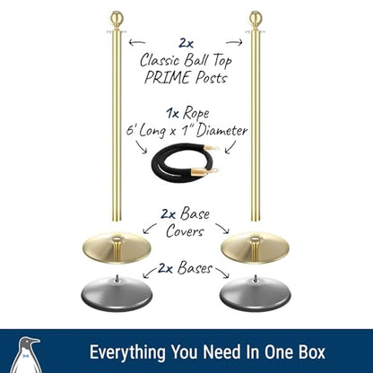2 Post Polished Brass Urn Top Stanchion Kit, 1 Black 6' Rope - color: Polished Brass Ball Top / Black Rope, size: 3 Pieces