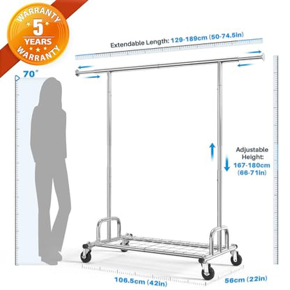 HOKEEPER Clothing Garment Rack Capacity 525LBS Collapsible Clothes Rack | Adjustable Clothing Racks on Wheels Rolling Clothes Rack for Hanging Clothes Heavy Duty Commercial Easy Assemble 75"W*71"H - color: Chrome, size: 22"D x 75"W x 71"H