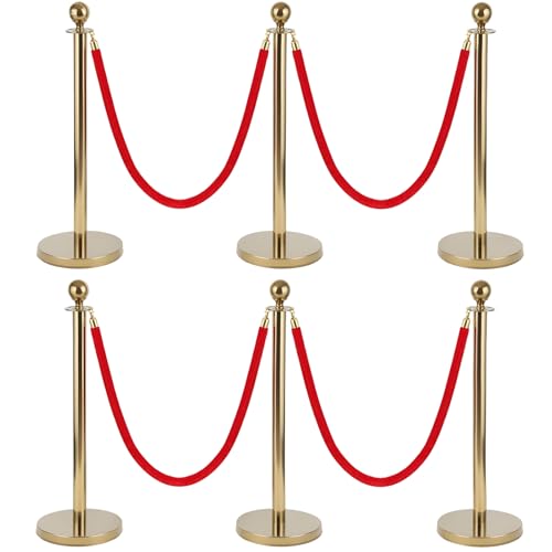 6Pcs Golden Stanchion Posts with 4 Red Velvet Ropes,Crowd Control Barriers for Birthday High-end Venues,Water/Sand/Concrete Fillable Leakproof Base,Easy to Assemble Golden