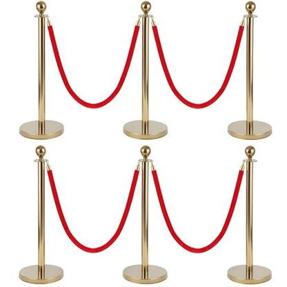 6Pcs Golden Stanchion Posts with 4 Red Velvet Ropes,Crowd Control Barriers for Birthday High-end Venues,Water/Sand/Concrete Fillable Leakproof Base,Easy to Assemble Golden