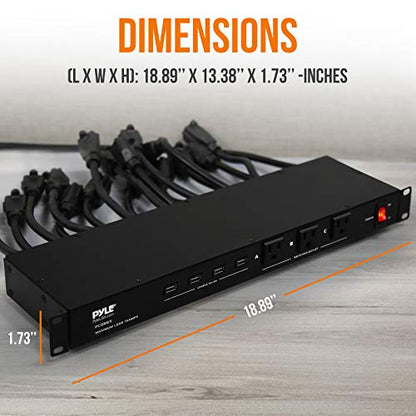 Pyle 19 Outlet 1U 19" Rackmount PDU Power Distribution Supply Center Conditioner Strip Unit Surge Protector 15 Amp Circuit Breaker 4 USB Multi Device Charge Ports 15FT Cord, Black - PCO865 | 15 Amp Circuit Breaker - 4 USB Ports - 15FT Cord - Power Supply