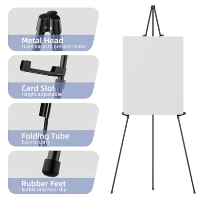 Easel Stand for Sign, 63" Portable Metal Floor Easel for Display with Carry Bag, Lightweight Foldable Tripod Easel Stand for Wedding Sign Poster Art Painting, Adjustable Height, Holds 5 lbs, Black (1)