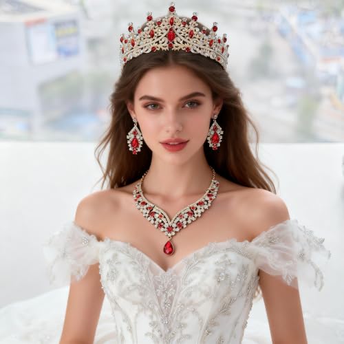 Tiaras Crowns for Women,Wedding Jewelry Set, Tiaras Necklace Earrings Crystal Bridal Wedding Jewelry Sets for Brides Bridesmaid Prom Costume Accessories - color: Gold Red