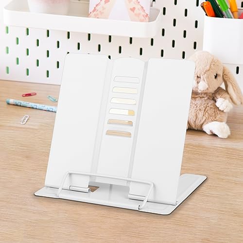Honagu Small Book Stand Book Holder Metal Desk Stand for Reading Hands Free, Adjustable Cookbook Documents Holder, Portable for Music Books, Textbook, Recipe, Tablet, Ipad, Great Gifts (White) - color: White