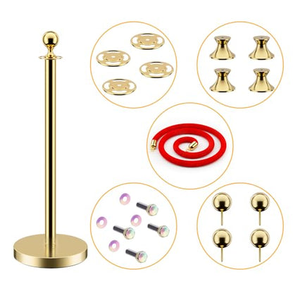 LOVMOR Stainless Steel Stanchion Post, 5 FT Red Carpet Ropes and Poles, 4 pcs Gold Stanchions with Red Rope, Hollow Base and Velvet Ropes Safety Barriers Set, Carpet Runner for Party - color: Gold-4pack