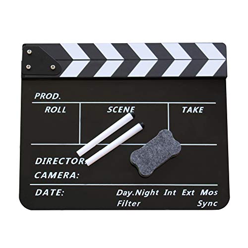 Film Slate Clapper Board, Acrylic Black Movie Directors Clapboard | 9.6 x 11.7 In Movie Clapboard Cut Action Scene Prop for Photography and Video Shooting, Comes with Magnetic Eraser and 2 Pens