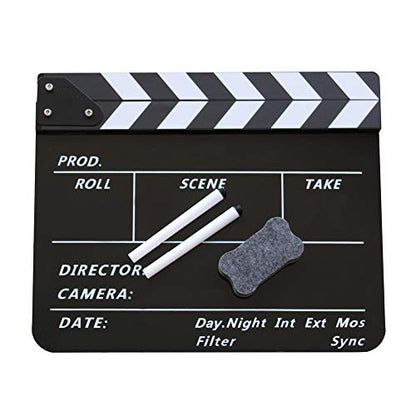 Film Slate Clapper Board, Acrylic Black Movie Directors Clapboard | 9.6 x 11.7 In Movie Clapboard Cut Action Scene Prop for Photography and Video Shooting, Comes with Magnetic Eraser and 2 Pens